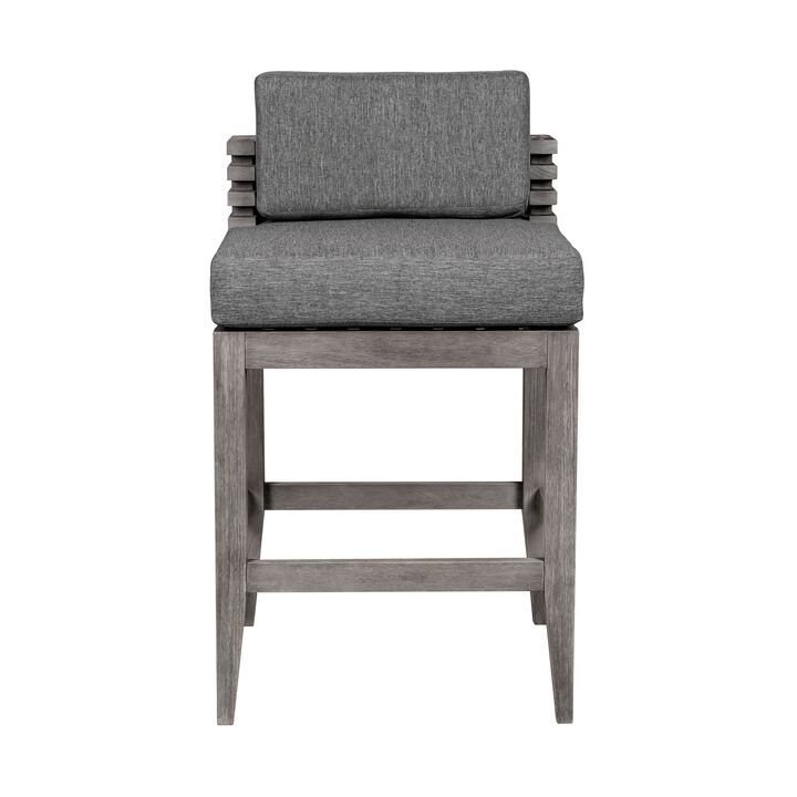 Hida 30 Inch Outdoor Patio Barstool Chair, Gray, Olefin Cushions, Wood - Benzara