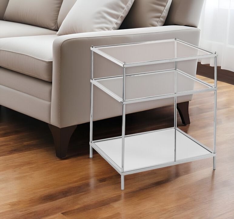 Hivvago 27 Inch  Silver Mirrored Glass And Iron End Table With Shelf