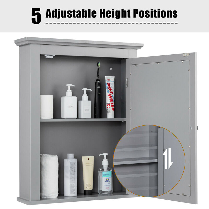 Costway Bathroom Mirror Cabinet Wall Mounted Adjustable Shelf Medicine Grey