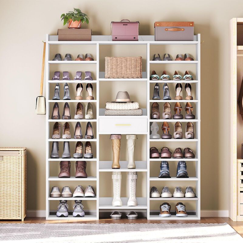 10-Tier Shoe Storage Rack with Fabric Drawer and Wooden Cubbies image number 4