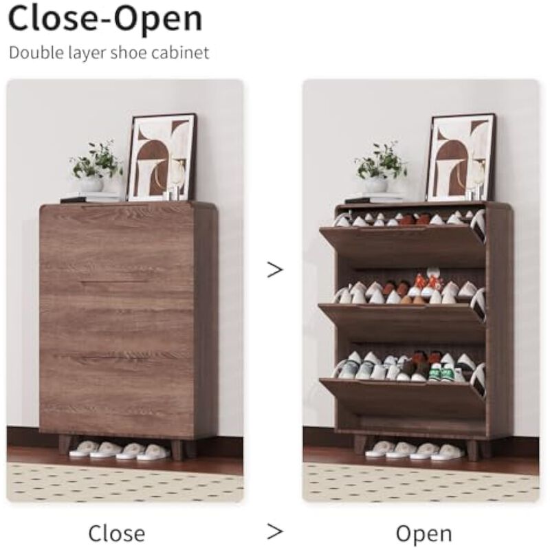 Entryway Wood Shoe Storage Cabinet Flip Drawer Space Saving Walnut image number 3