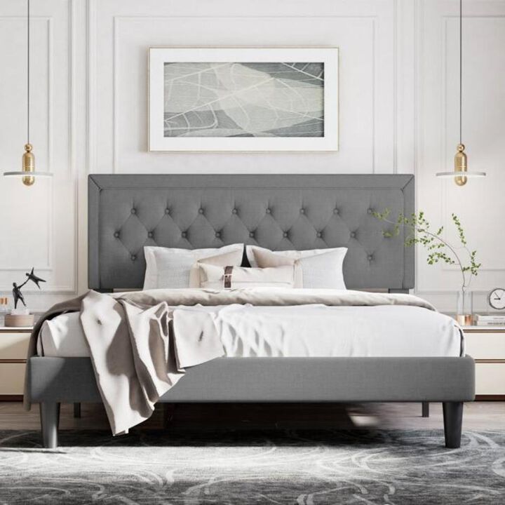 Hivvago Full Size Dark Grey Linen Upholstered Platform Bed with Button-Tufted Headboard