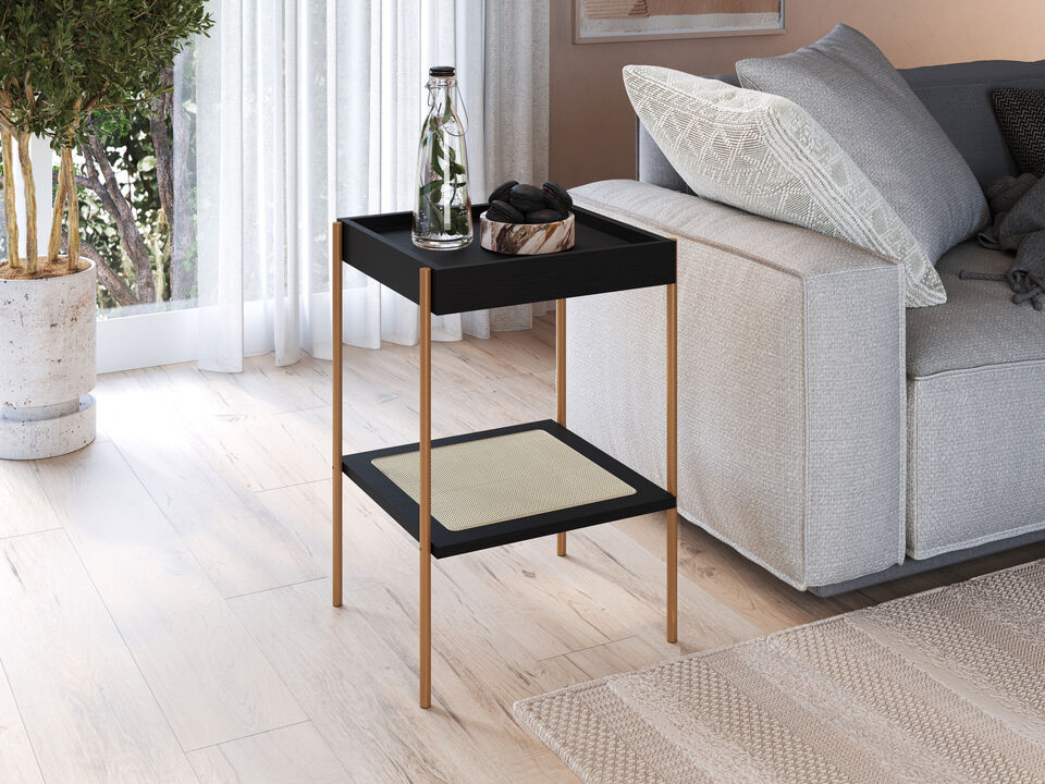 Boho Side Table  Iron Gold Legs and Rattan Accent End Table-Nero Black