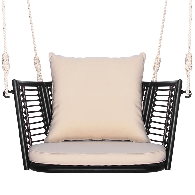Mondawe Porch Swing Patio Hanging Rattan Chair with Zippered Cushions and Rope