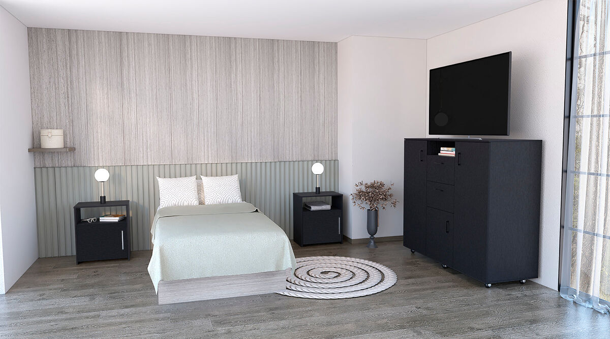 DEPOT E-SHOP Newport 3 Piece Bedroom Set, Milano Double Door Cabinet Dresser + 2 Omaha Nightstands, Black