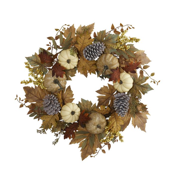 HomPlanti 24" Fall Pumpkins, Pine Cones and Berries Artificial Wreath