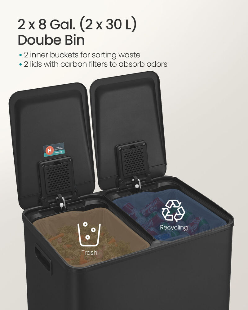 2 x 8 Gallon Dual Trash Can Soft Close Pedal Removable Buckets image number 2