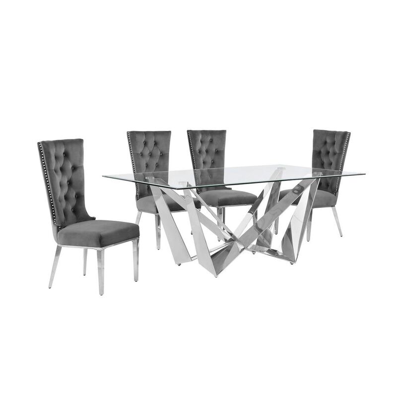 5pc Small(78") glass dining set with silver base and 4 Dark grey side chairs
