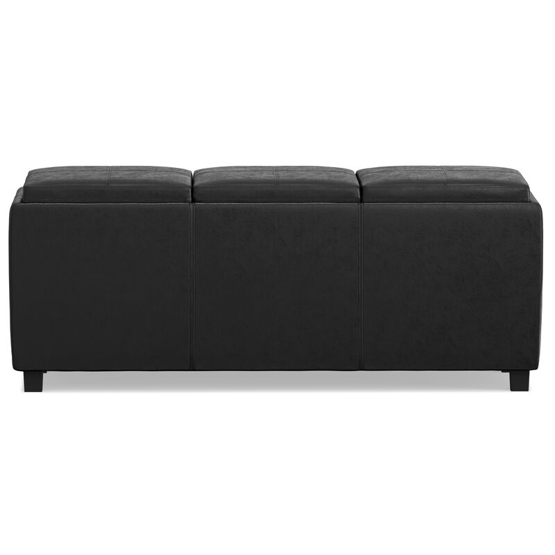 Avalon 42 inch Wide Contemporary Rectangle Storage Ottoman in Distressed Black Vegan Faux Leather, Assembled