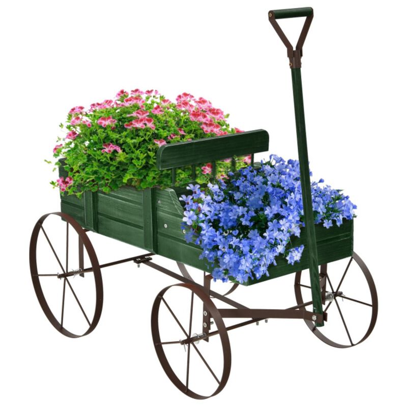 Hivvago Wooden Wagon Plant Bed with Metal Wheels for Garden Yard Patio