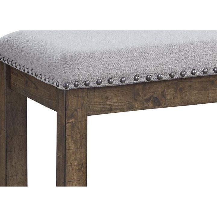 Nailhead Trim Wooden Dining Bench with Fabric Upholstery, Brown and Gray-Benzara
