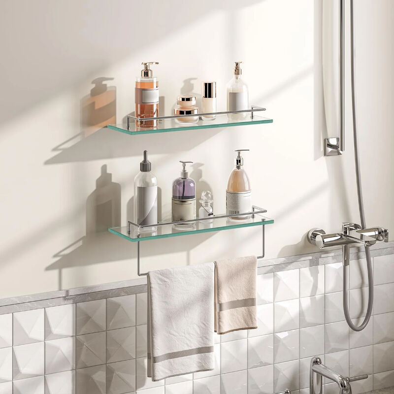 Wall-Mounted Glass Shelves Set of 2 with Durable Stainless Steel Frame-Silver image number 8