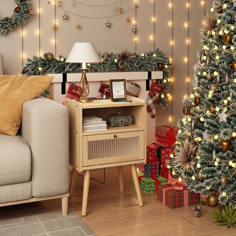 Mid Century Modern Nightstand with Charging Station, Bedside Tables with Glass Door, End Table Side Table with 2 Tiers Storage S