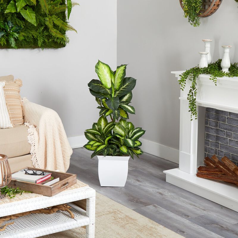 Hivvago 46" Golden Dieffenbachia Artificial Plant in White Metal Planter