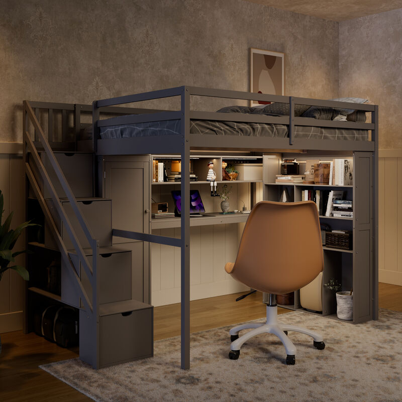 Merax Full Size All-in-One Loft Bed with Wardrobe, Desk & LED Lights image number 2
