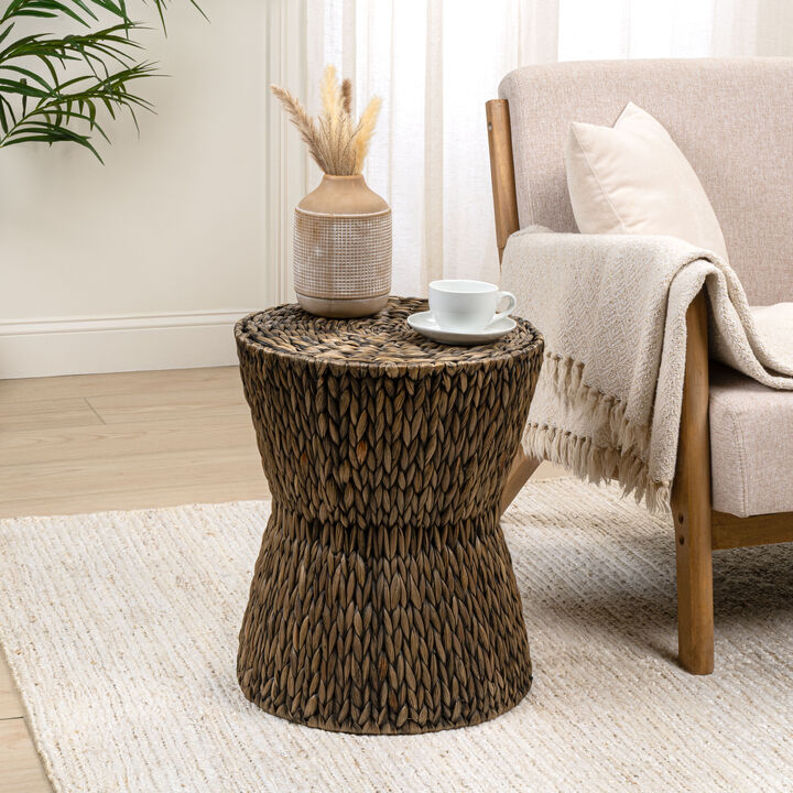 Natura Coastal Bohemian Handwoven Water Hyacinth Round Hourglass End Table