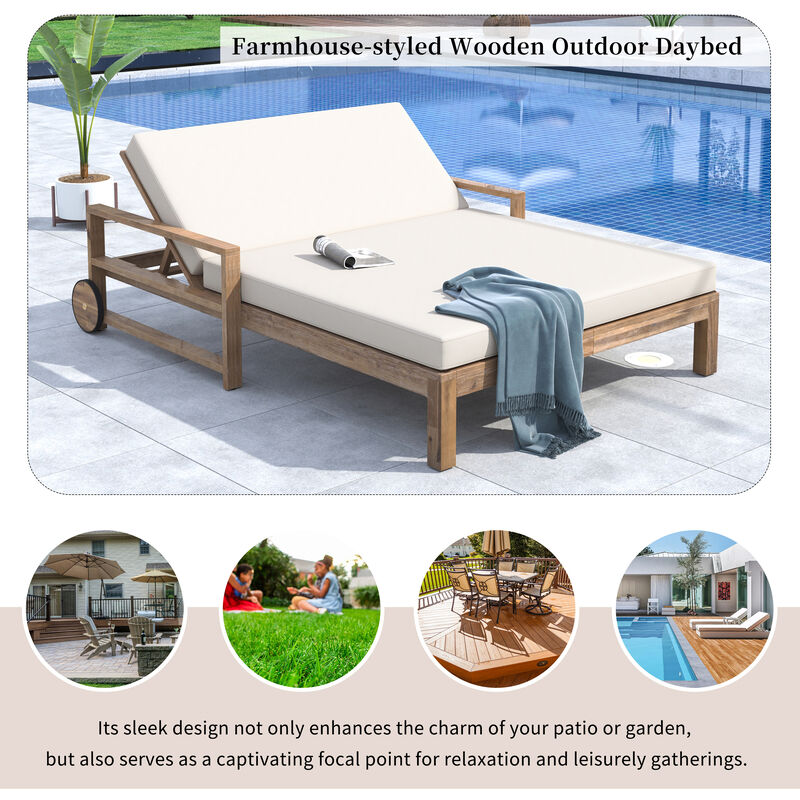 Merax Outdoor Solid Acacia Wood Adjustable Daybed with Movable Wheels & Detachable Weatherproof Cushions image number 5