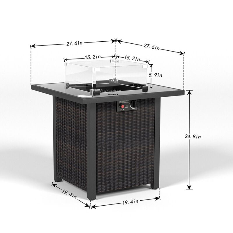 Mondawe 28 Inch Propane Fire Pit Table, Rattan & Wicker-Look, 50000 BTU Gas Firepits Tempered Glass Tabletop with Glass Windscreen Protector for Outside Patio and Garden
