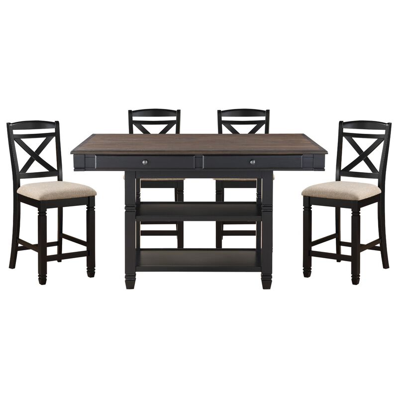 Transitional Style Counter Height Dining Set 5pc Table w Display Shelves Drawers and 4x Counter Height Chairs Black Finish Funiture