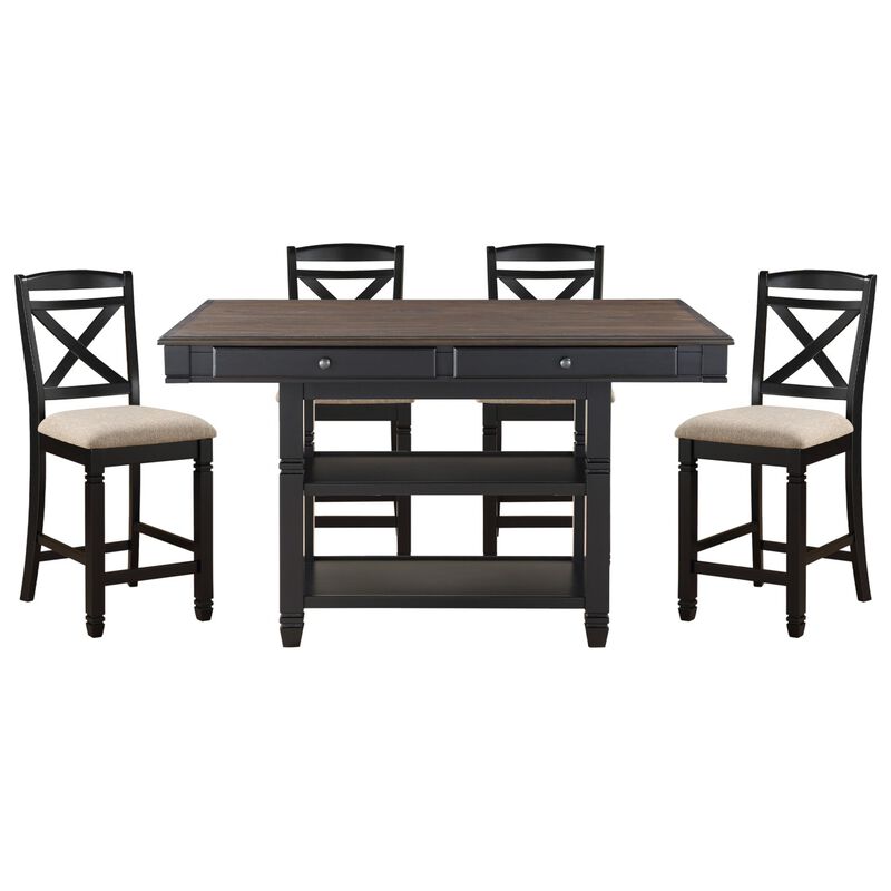 Transitional Style Counter Height Dining Set 5pc Table w Display Shelves Drawers and 4x Counter Height Chairs Black Finish Funiture image number 2