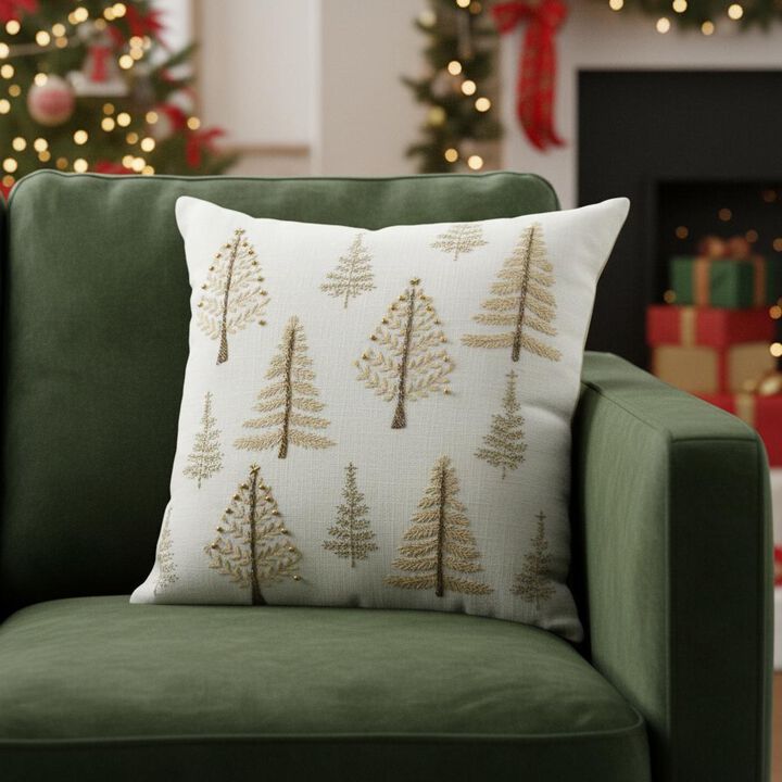 HomeRoots 18" Natural Silver And Gold Cotton Christmas Trees Throw Pillow With Beads And Embroidery