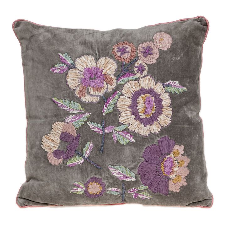 18" Beige and Pink Floral Embroidered Square Throw Pillow