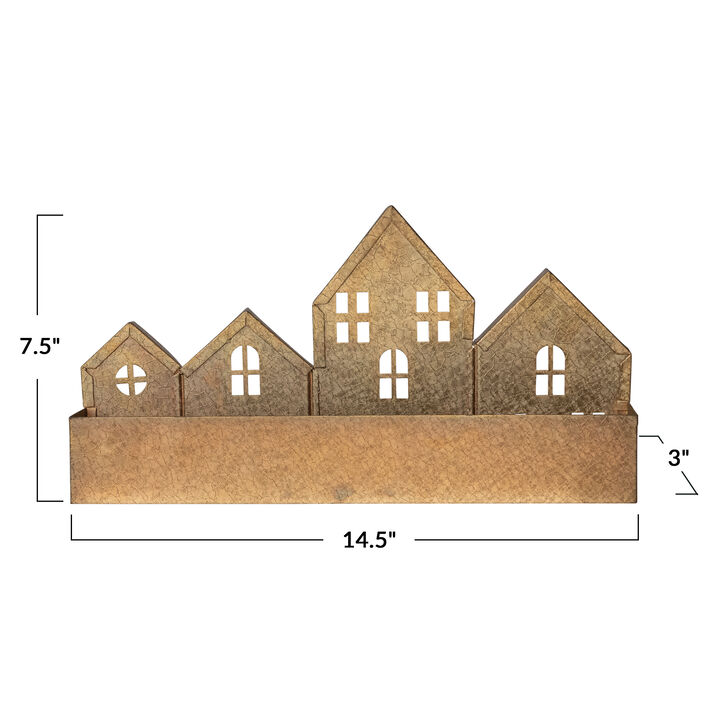 Decorative Textured Metal House Shaped Container, Gold Finish