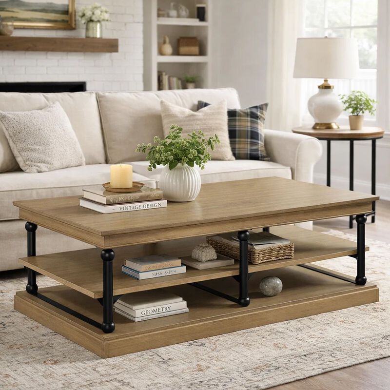 Bard Coffee Table, Veneer, 2 Tier Shelves, Metal Legs image number 8