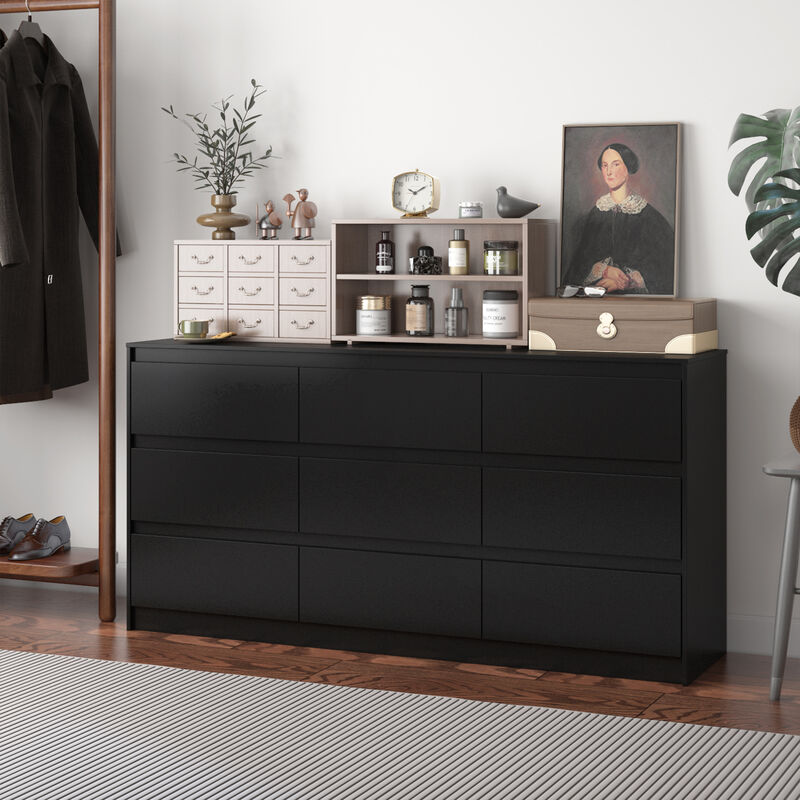 FUFU&GAGA  Modern Black 9-Drawer Dresser with Ample Storage for Bedroom and Living Room (63" W x 31.5" H x 15.7" D) Black