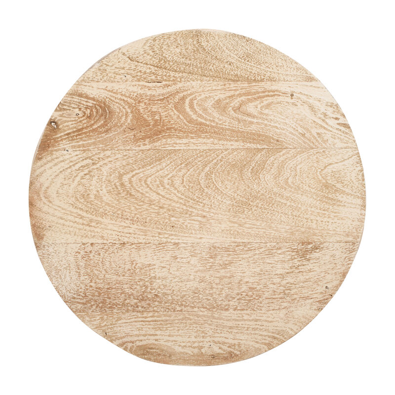 20 Inch Side End Table, Round Drum Shape with 3D Textured Design, Distressed White Finish image number 6