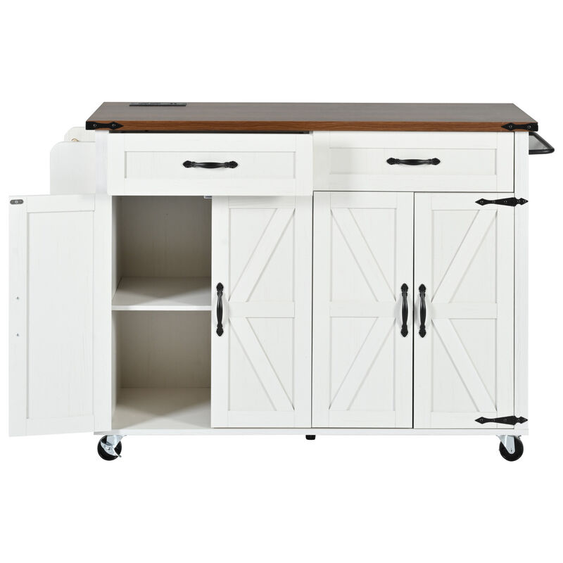 Whisen Farmhouse Style Kitchen Cart Island with Drop-Leaf, Power Outlet, Spice Rack and Drawer - White