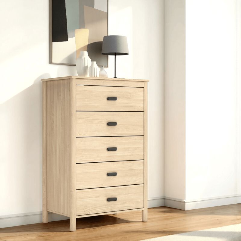 Abis Tall Dresser Chest, 5 Drawers, Natural Brown Wood, Black, 50 Inch