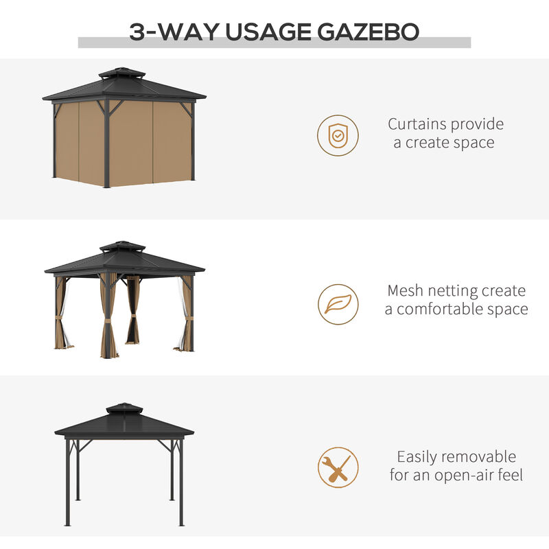 Outsunny 10' x 12' Hardtop Gazebo Canopy with Galvanized Steel Double Roof, Aluminum Frame, Permanent Pavilion Outdoor Gazebo with Netting and Curtains for Patio, Garden, Backyard, Dark Brown