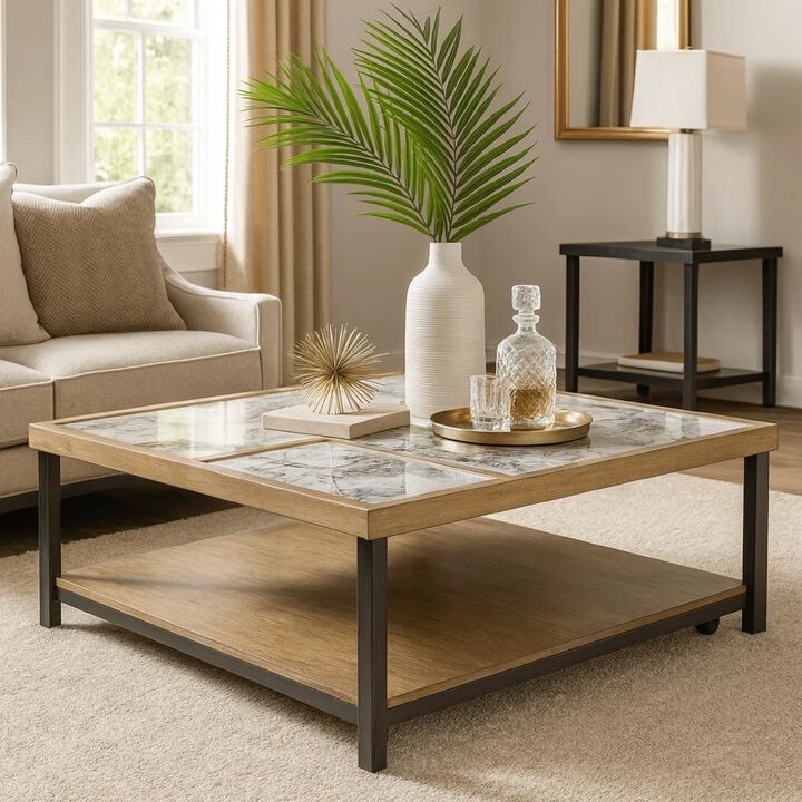 Tey Coffee Table with Caster Wheels, 48 Inch Square, Sintered Stone, Brown