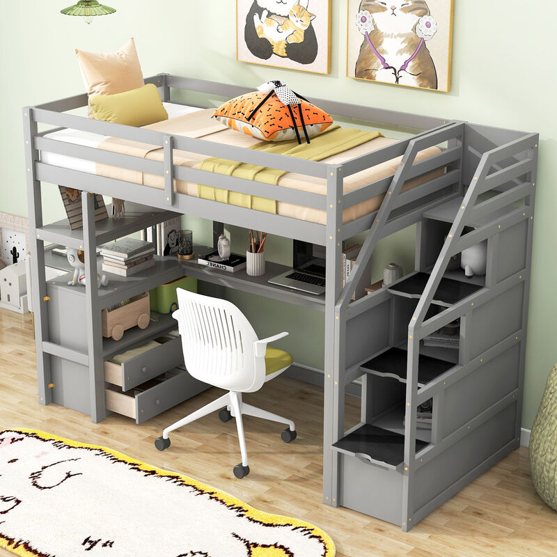 Merax  Loft Bed with Desk and Shelves, Two Built-in Drawers