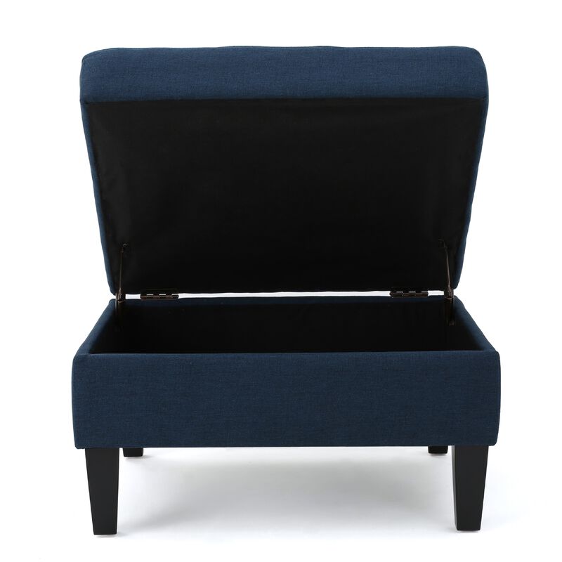 Voil Storage Ottoman, 28 Inch, Navy Blue Fabric, Tapered Wood Legs