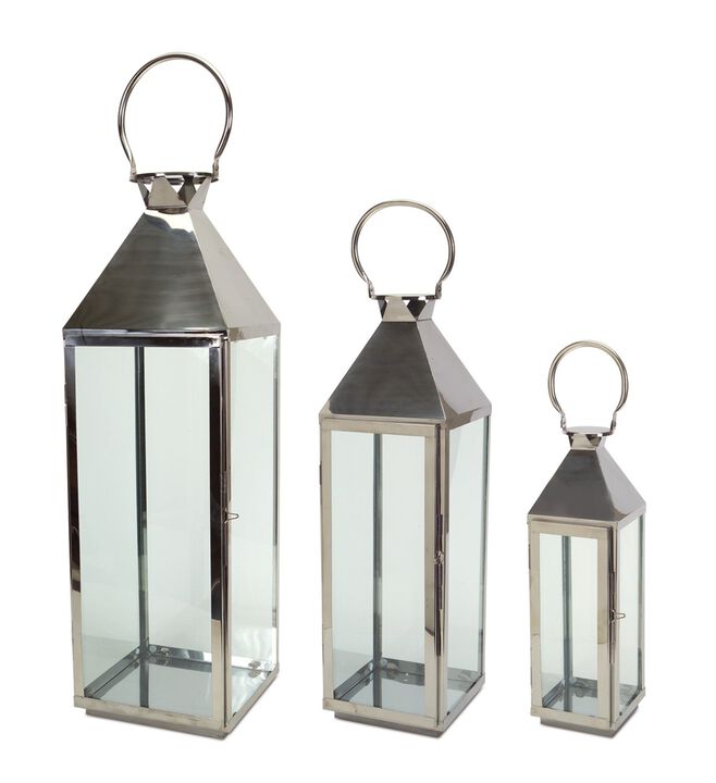 HouzBling Lantern (Set of 3) 19.5", 26", 34"H Stainless Steel/Glass