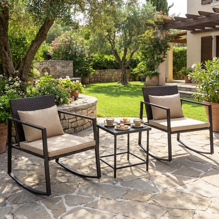 Patio Rocking Bistro Set 3-Piece with Cushions and Tempered Glass