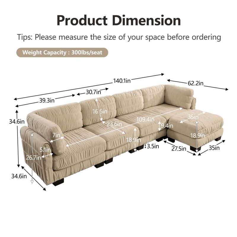 4 seat modular sectional sofa, Chenille L shaped sectional couch with ruched detailing, Modular sectional with movable ottoman image number 2