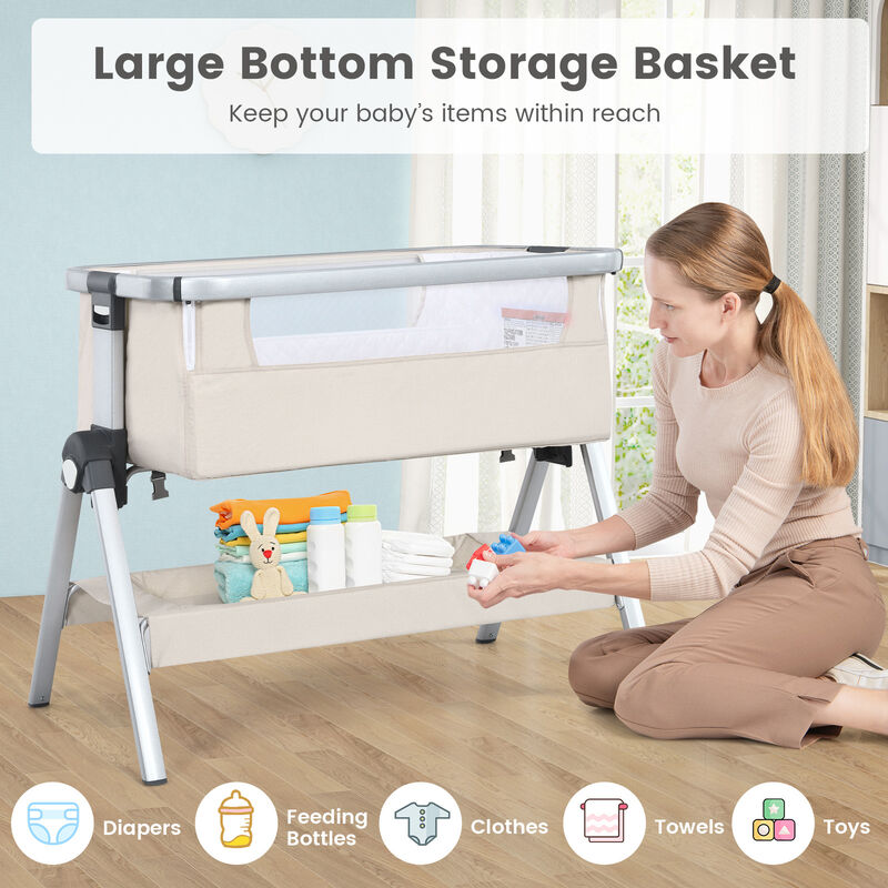 Baby Bassinet Bedside Sleeper with Storage Basket and Wheel for Newborn
