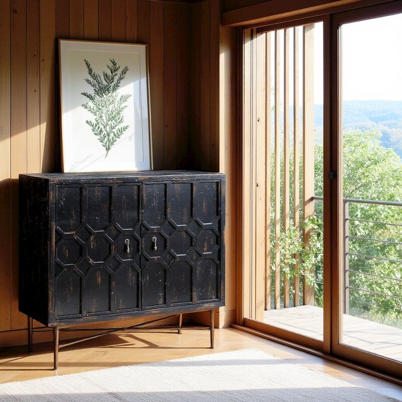 Black Accent Cabinet with 2 Doors, MDF and Metal Construction for Storage
