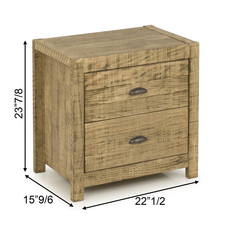 Homezia 24" Walnut Golden Brown Distressed Solid Wood Two Drawer Nightstand