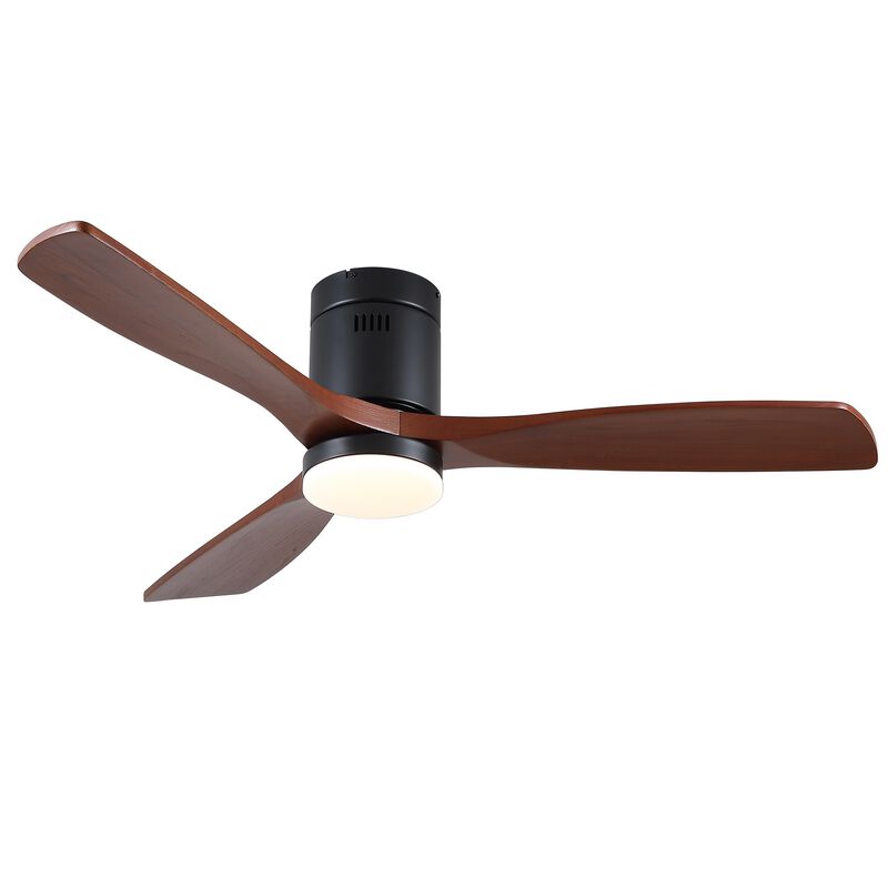 52 inch Matte Black Farmhouse Retro Solid Wood Flush Mount Intergrated LED Ceiling Fan with Light image number 0