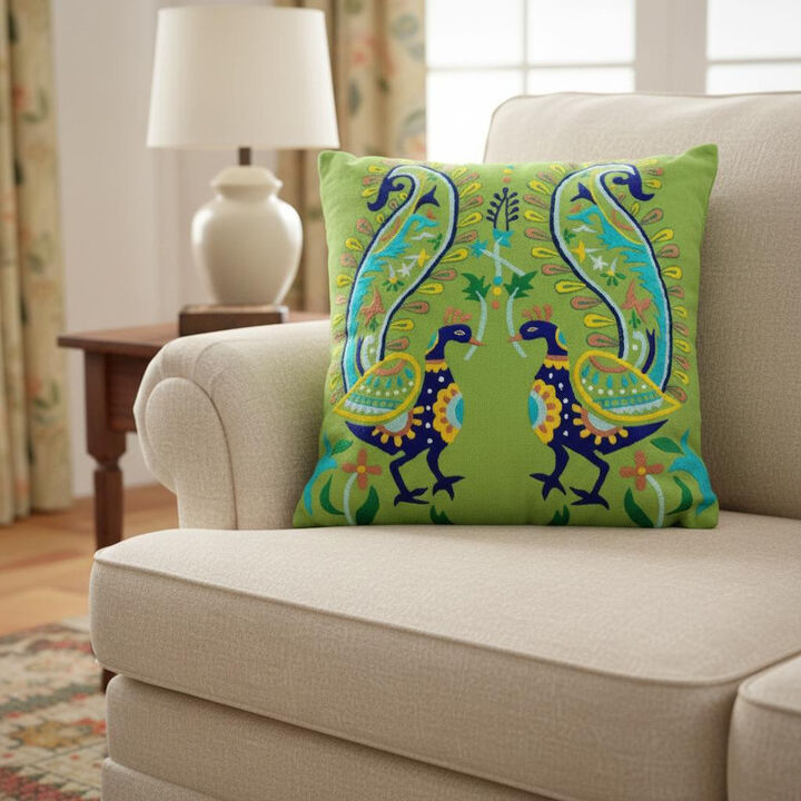 HomeRoots Set of Two 18" Blue And Green Peacock Cotton Throw Pillows with Embroidery