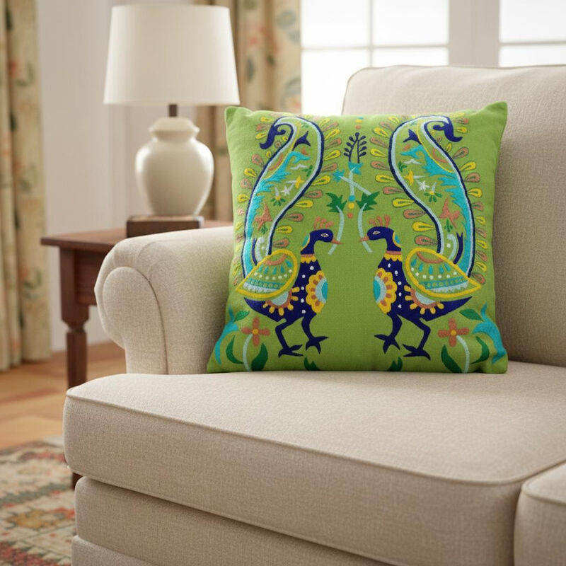 HomeRoots Set of Two 18" Blue And Green Peacock Cotton Throw Pillows with Embroidery image number 1