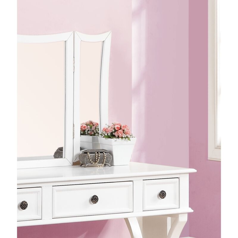 Unique Modern Bedroom Vanity Set w Stool Foldable Mirror Drawers White Color MDF Veneer 1pc Vanity Furniture