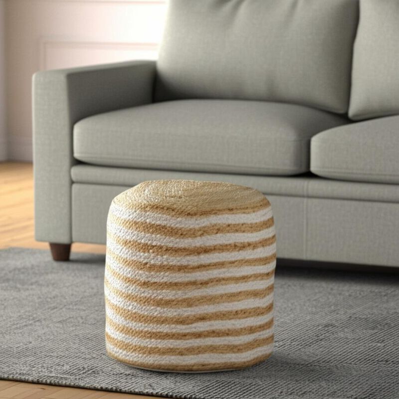 Hivvago 18 Inch Natural And White Jute Blend Cylinder Striped Pouf Ottoman