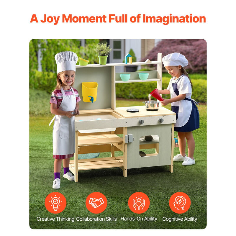 Wooden Mud Kitchen Toy for Kids &ndash; Outdoor Pretend Play Kitchen Set with Realistic Features, Storage & Play Sink for Toddlers