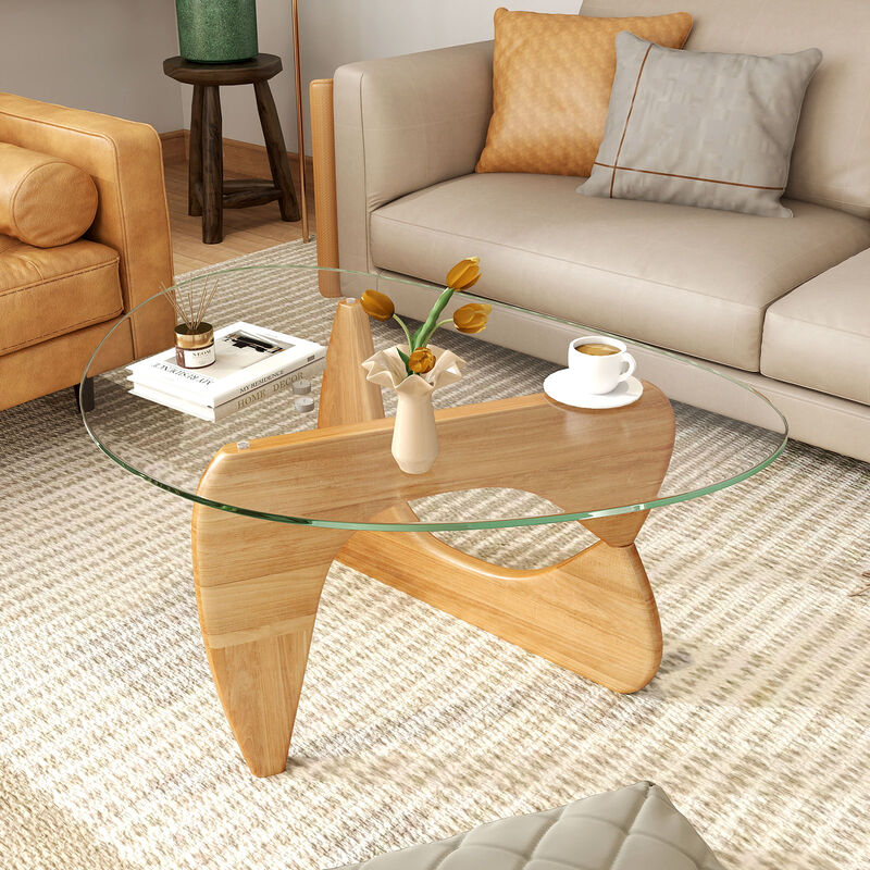 Triangle Coffee Table with Tempered Glass Top and Adjustable Rubber Wood Base