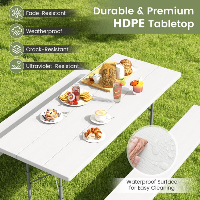 Hivvago Folding Picnic Table Set with Metal Frame and All-Weather HDPE Tabletop, Umbrella Hole
